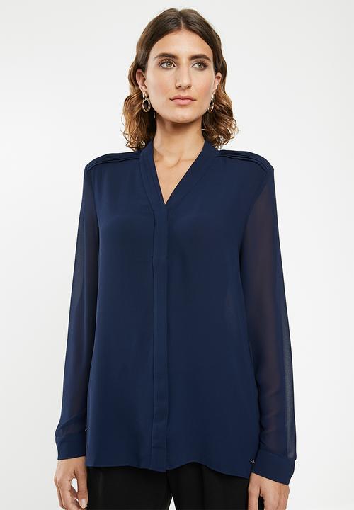 POLO - Lilly long sleeve pin tuck blouse - navy
