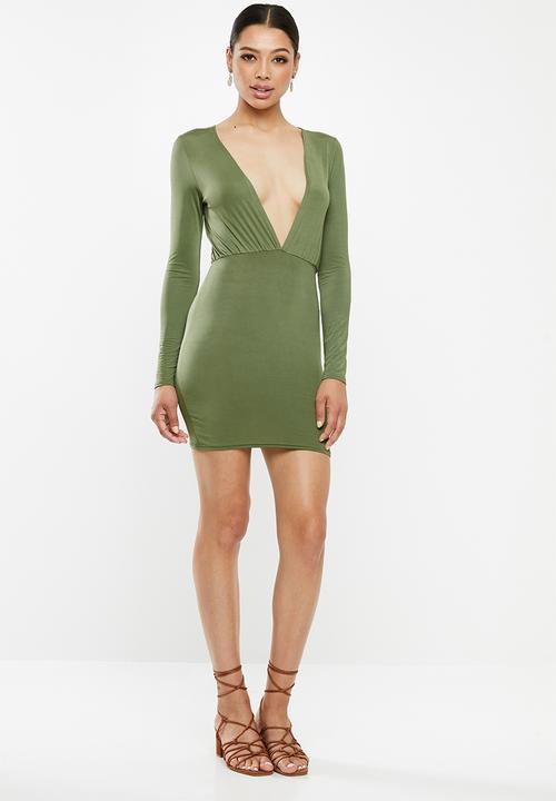 Missguided - Plunge gathered mini dress - khaki