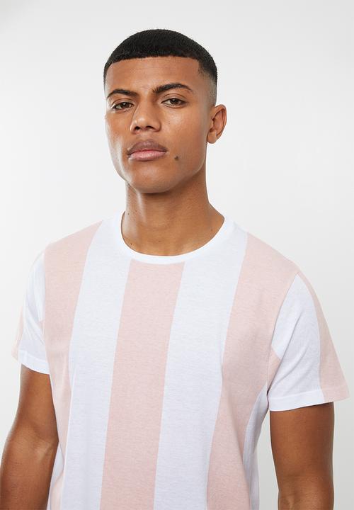Brave Soul - Bertoni short sleeve wide stripe tee - peach & white 