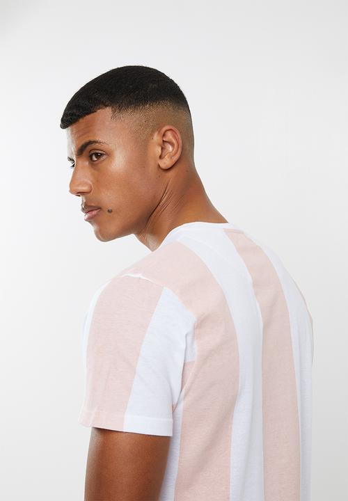Brave Soul - Bertoni short sleeve wide stripe tee - peach & white 
