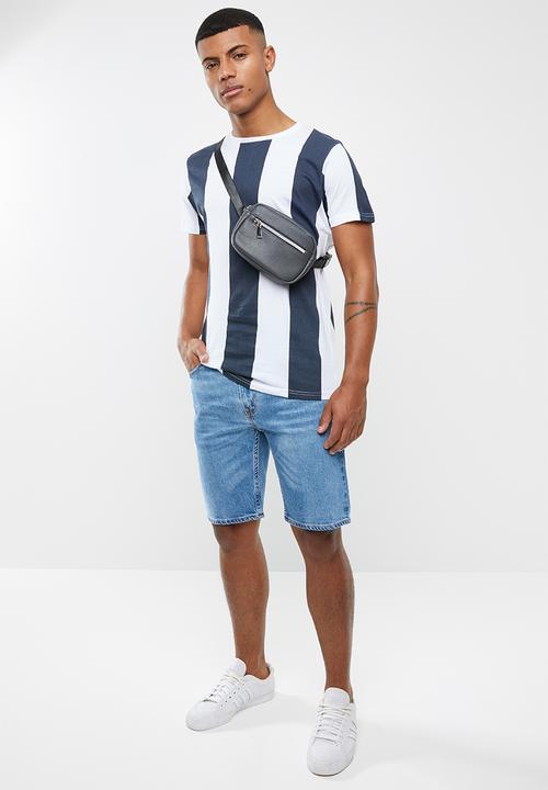 Brave Soul - Bertoni short sleeve wide stripe tee - navy & white 