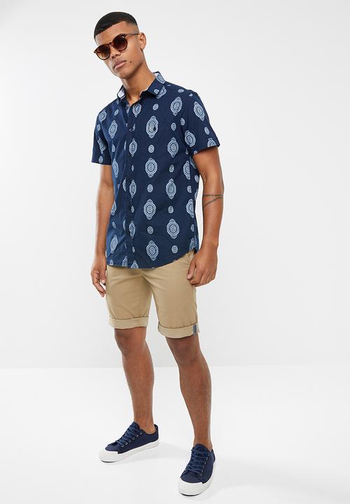 Brave Soul - Geometry short sleeve shirt - navy & white