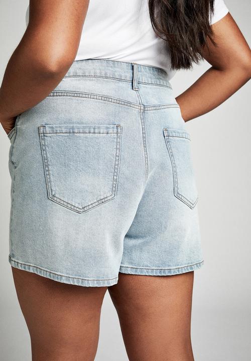Cotton On - Curve high waist denim short  - blue
