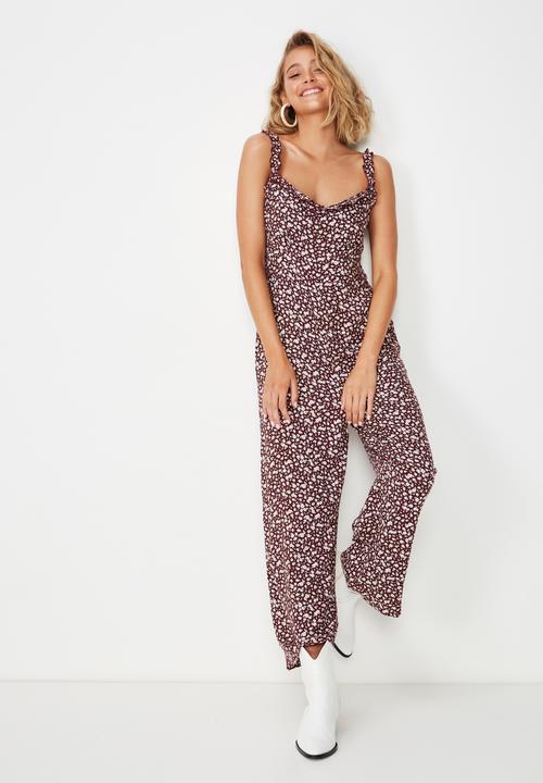 Cotton On - Woven tash strappy jumpsuit  - burgundy & white  