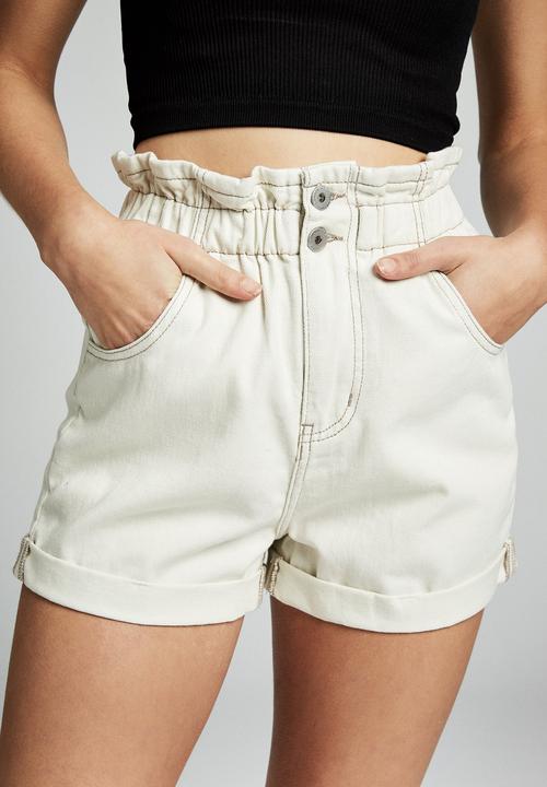 Cotton On - Denim paperbag short - cream 