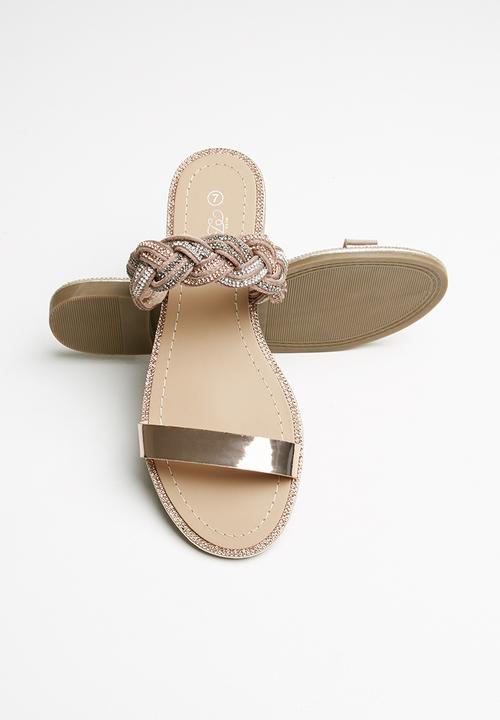 Miss Black - Metallic embellished plaited sandal - rose gold