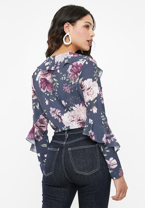 Missguided - Wrap front frill bodysuit - navy