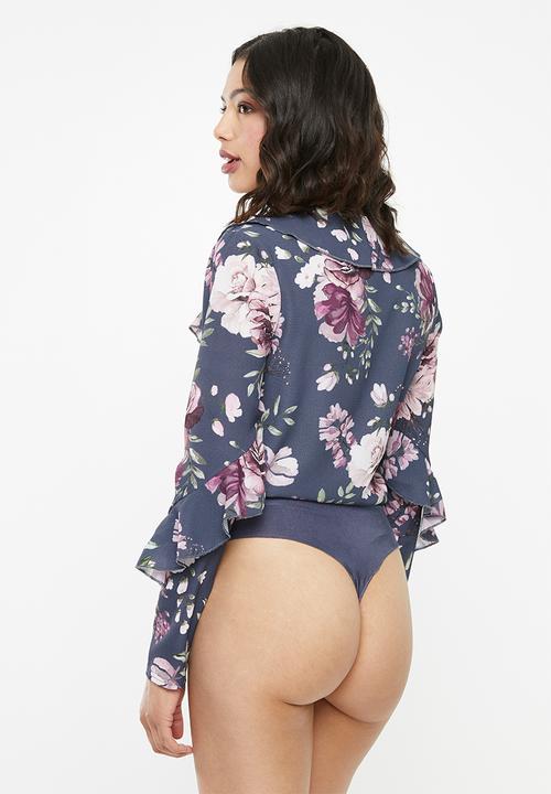 Missguided - Wrap front frill bodysuit - navy
