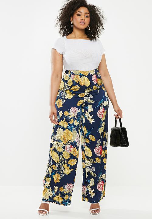 Missguided - Plus floral high waisted wide leg trousers - navy