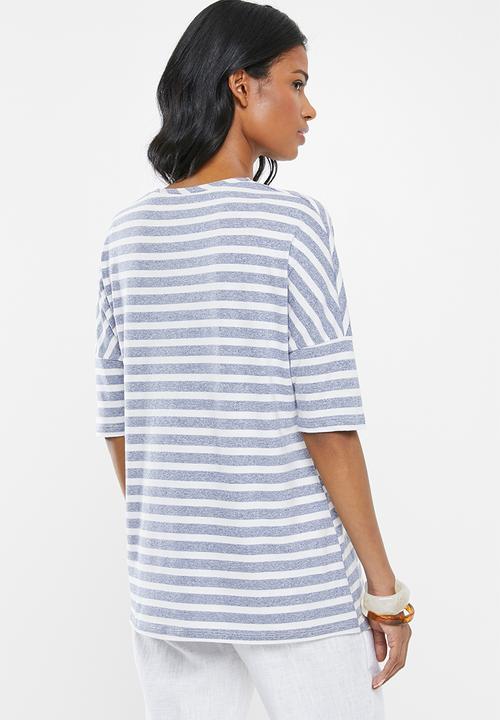 Cherry Melon - Curved hem tee - blue and white