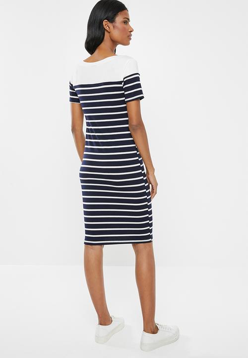 Cherry Melon - Maternity Boatneck contrast dress - navy & white