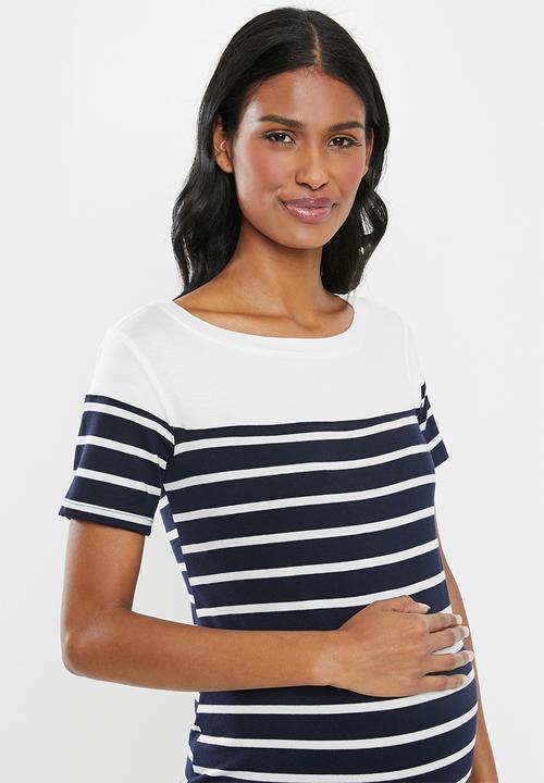 Cherry Melon - Maternity Boatneck contrast dress - navy & white