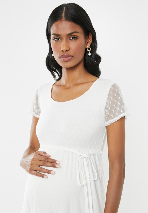 Cherry Melon - Maternity Dot mesh scoopneck dress - white