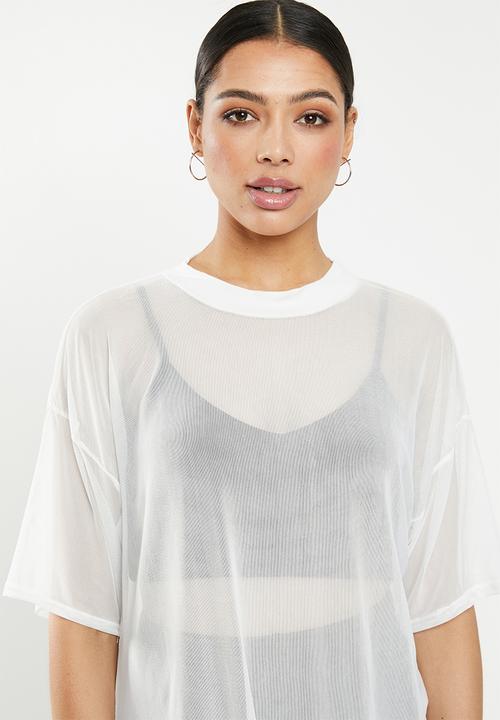 Missguided - Oversized mesh short sleeve T-shirt dress - white
