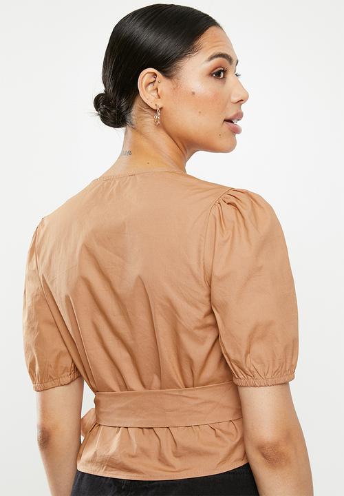 Missguided - Poplin wrap front puff sleeve crop blouse - brown 