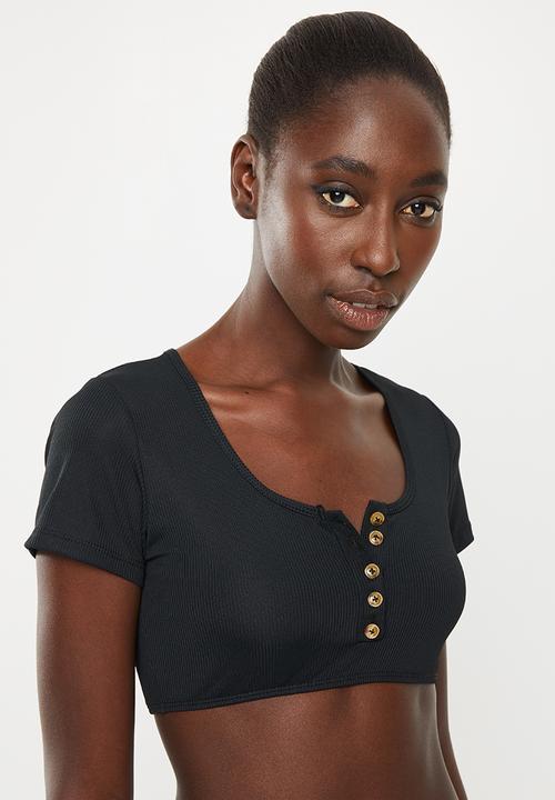 Missguided - Button front t-shirt bikini top - black