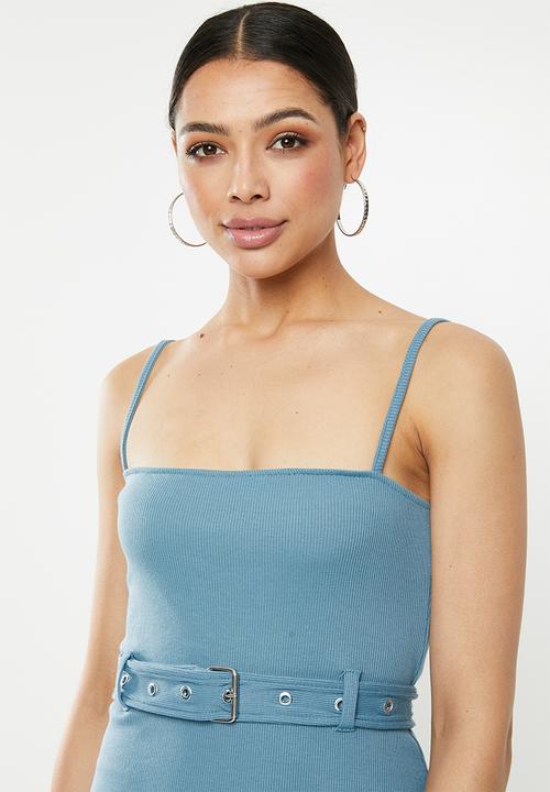 Missguided - Rib belted cami midi dress - blue