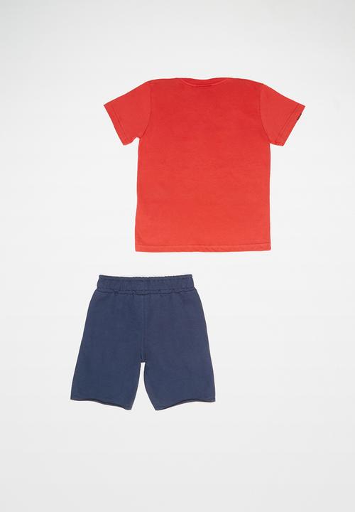 Quimby - Single jersey T-shirt and sweat bermuda set - red & navy