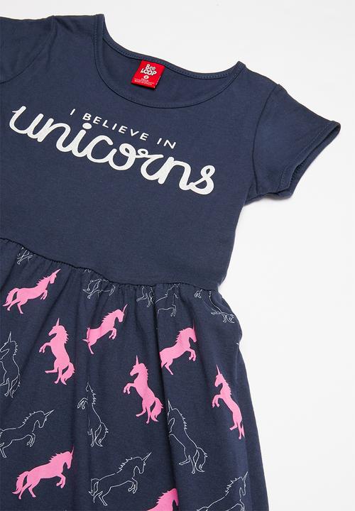 Bee Loop - Single jersey unicorn dress - navy & pink