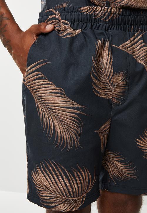 Superbalist - Palm printed elastic volume shorts - black & brown