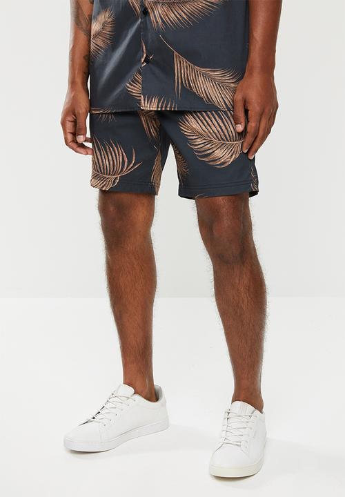 Superbalist - Palm printed elastic volume shorts - black & brown