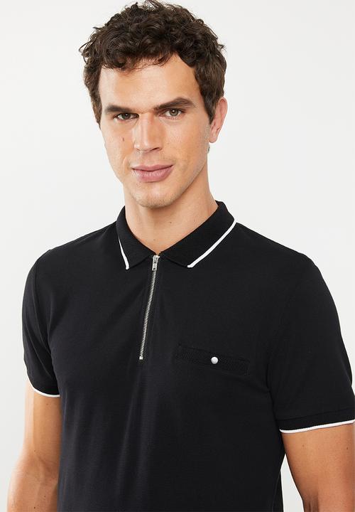 New Look - Paul tipped zip polo - black