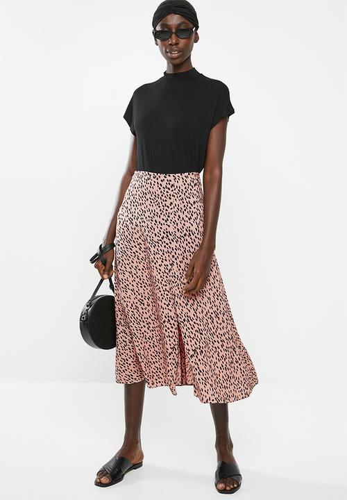 New Look - Elma spot split side skirt - pink & black 