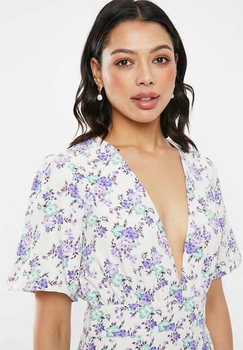 Glamorous - Plunge V-neck frill dress - cream & lilac