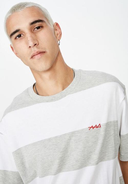 Factorie - Embroidered stripe T-shirt - white & grey 