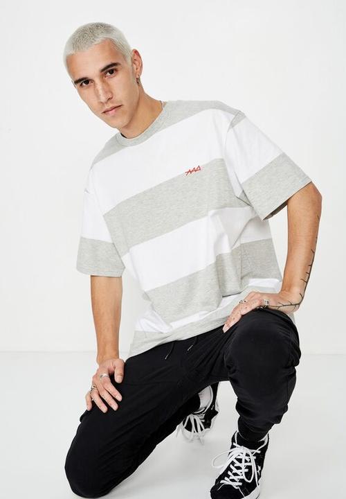 Factorie - Embroidered stripe T-shirt - white & grey 