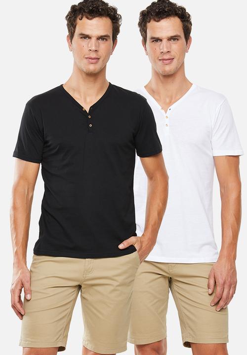 Superbalist - Plain short sleeve 2 pack henley tees - black & white