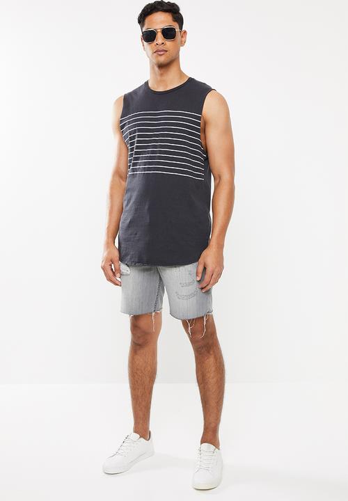 Cotton On - Chest stripe long curve hem muscle tank - charcoal