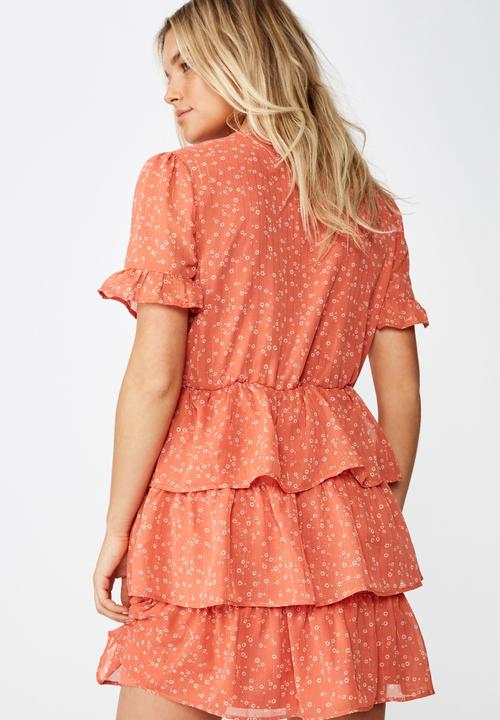Cotton On - Woven sara short sleeve ruffle mini dress  - orange & white
