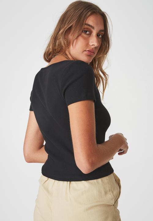 Factorie - Wide scoop neck short sleeve top - black