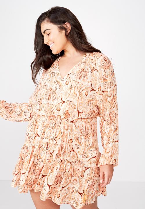 Cotton On - Curve woven lacy long sleeeve mini dress  - peach