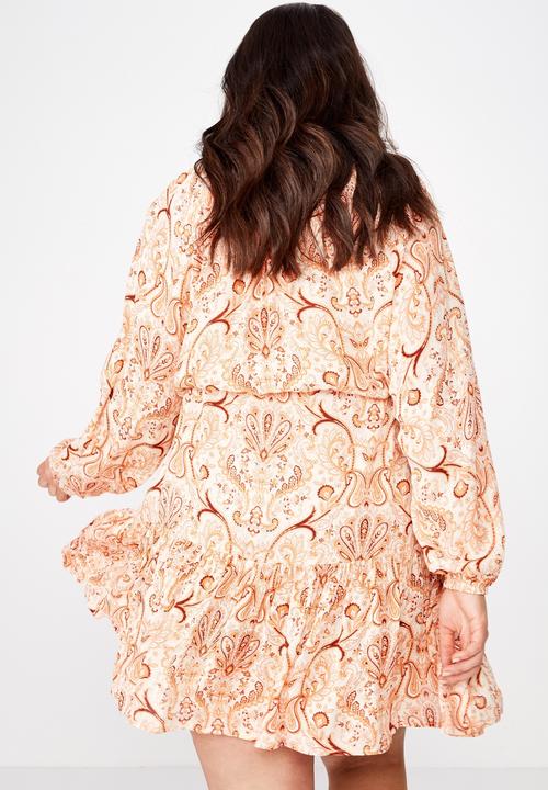 Cotton On - Curve woven lacy long sleeeve mini dress  - peach