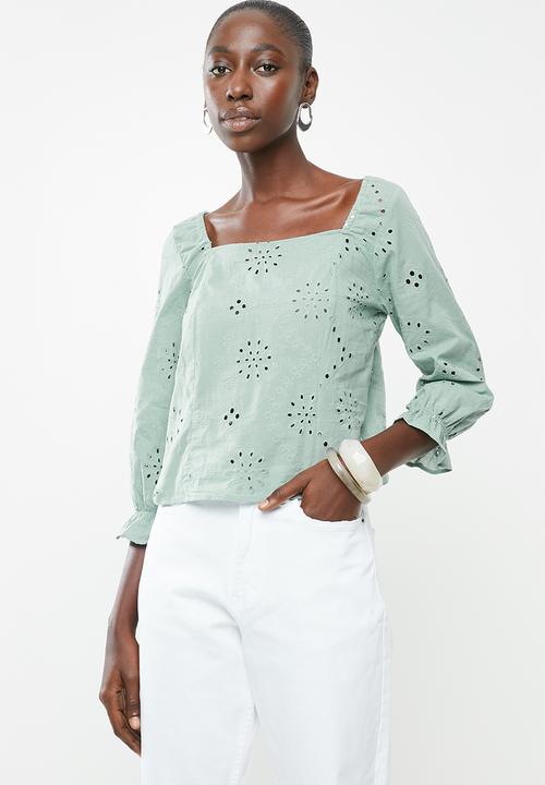 Superbalist - Square neck anglaise blouse - green
