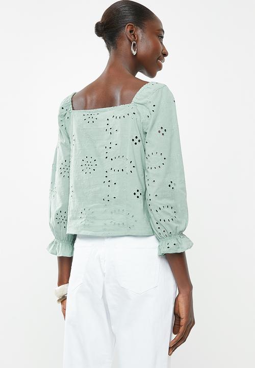 Superbalist - Square neck anglaise blouse - green