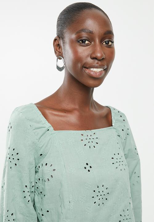 Superbalist - Square neck anglaise blouse - green