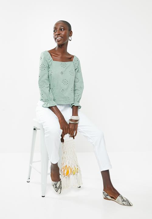 Superbalist - Square neck anglaise blouse - green