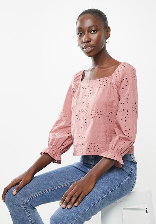 Superbalist - Square neck anglaise blouse - pink