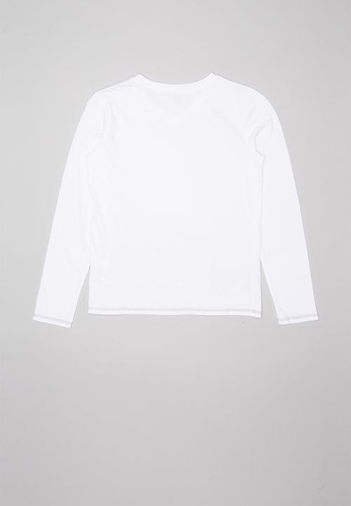 GUESS - Teens long sleeve guess branded V-neck tee - white