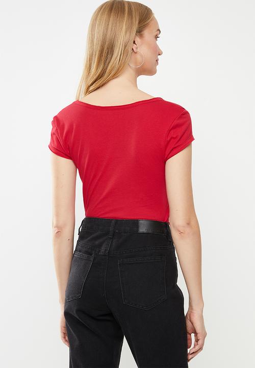 GUESS - Short sleeve bling logo V-neck tee - red