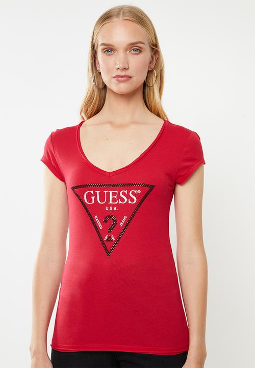 GUESS - Short sleeve bling logo V-neck tee - red
