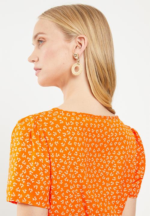 Cotton On - Woven dotti deep v puff sleeve mini - orange