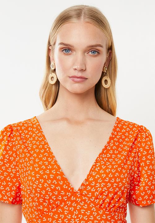 Cotton On - Woven dotti deep v puff sleeve mini - orange