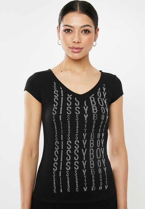 SISSY BOY - Melia: v-neck logo tee with bling trim - black