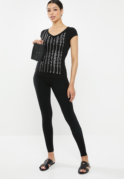 SISSY BOY - Melia: v-neck logo tee with bling trim - black