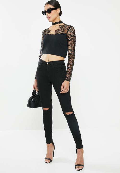 Missguided - Eyelash lace panel crop top - black