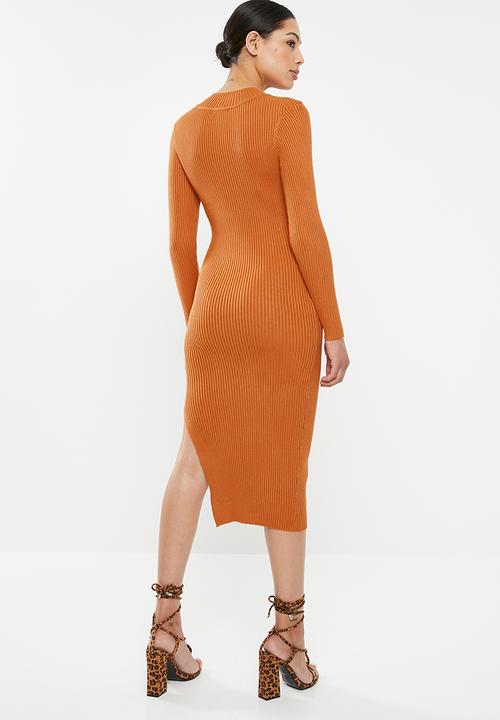 Missguided - Ribbed funnel neck side split midi dress - orange